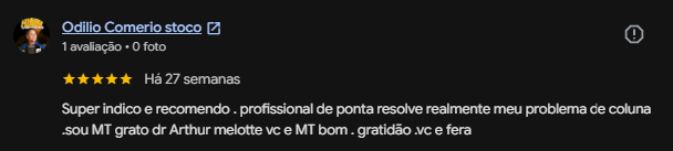 Avaliação real de paciente do Dr. Arthur Melotti no Google